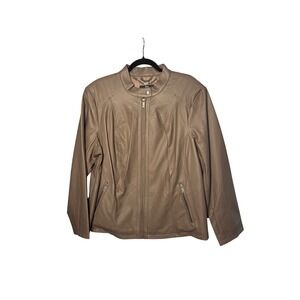 Dennis Basso Womens Faux Leather Moto Jacket 2X Taupe Quilted Biker Chic
